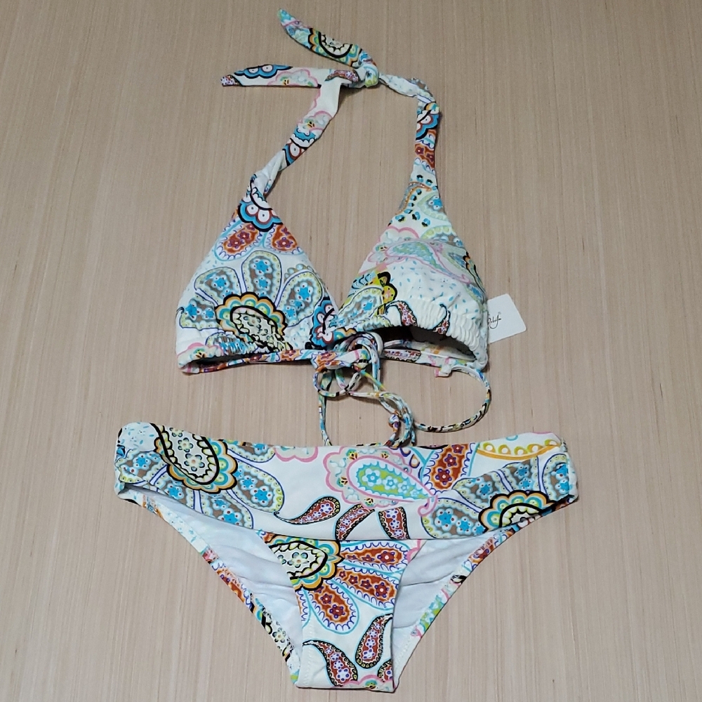 Blue and Red Bikini Set with Classic Halter Style